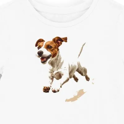 Koszulka damska biała z nadrukiem skaczącego Jack Russell Teriera
