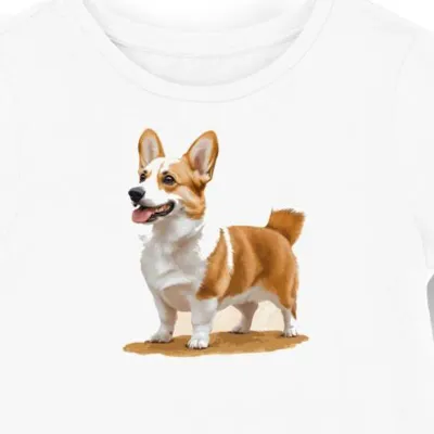 Koszulka damska biała z motywem corgi w słonecznym krajobrazie