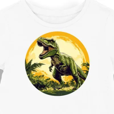 Koszulka damska biała z motywem zielonego T-Rexa ryczącego w ogniu