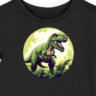 Koszulka damska czarna z motywem zielonego dinozaura w ogniu