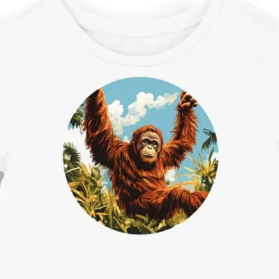 Koszulka damska biała z nadrukiem orangutana w dżungli