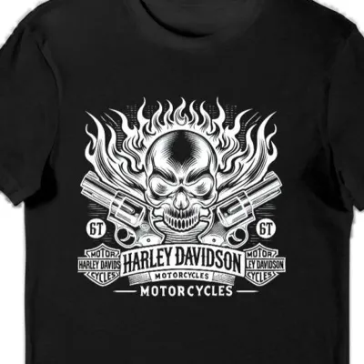 Koszulka męska Harley Davidson ogień i czaszka czarna