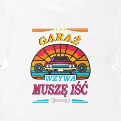 Koszulka garaż wzywa muszę iść z cadilaciem biala