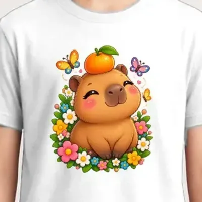 Koszulka z kapibarą dla chłopca biała słodki styl kawaii dla dzieci