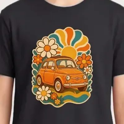 Koszulka z maluchem dla chłopca czarna retro styl lat 70