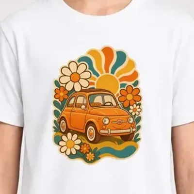 Koszulka z maluchem dla dziewczynki biała retro styl lat 70