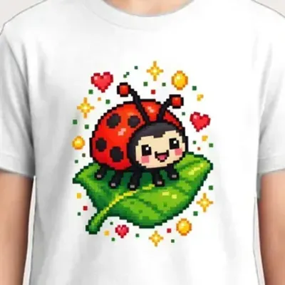 Koszulka z biedronką dla chłopca biała pixel art dla dzieci