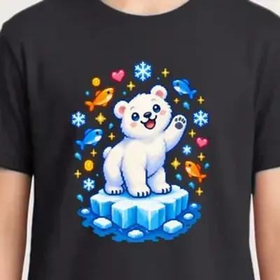Koszulka dziecięca z niedźwiedziem polarnym dla chłopca czarna pixel art