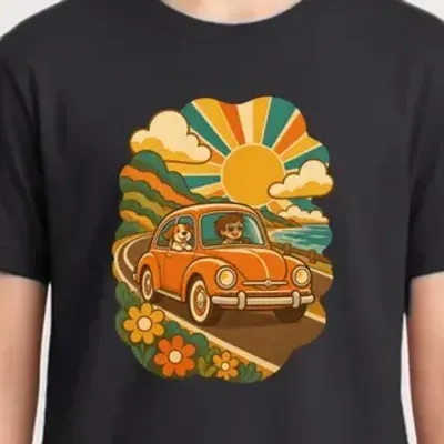 Koszulka z autem retro dla chłopca czarna klimat lat 70
