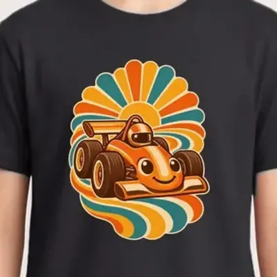 Koszulka z bolidem retro dla chłopca czarna styl lata 70 prezent