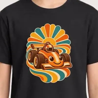 Koszulka z bolidem retro dla dziewczynki czarna styl lata 70