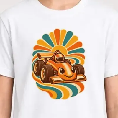 Koszulka z bolidem retro dla dziewczynki biała styl lata 70