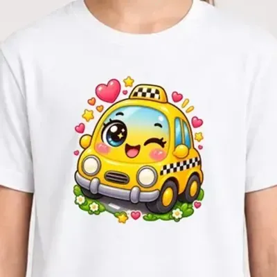 Koszulka z taksówką dla dziewczynki biała słodki kawaii