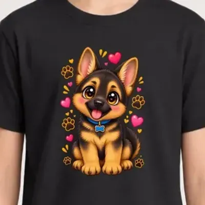 Koszulka dla dziewczynki z owczarkiem niemieckim czarna kawaii