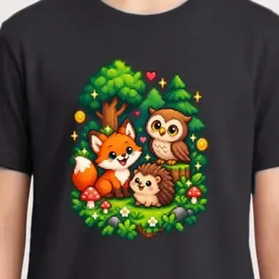 Koszulka z lisem dla chłopca czarna pixel art w lesie