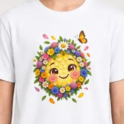 Koszulka z emoji dla dziewczynki biała z kwiatowych płatków