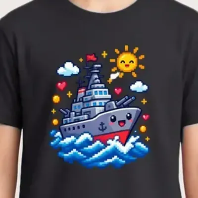 Koszulka z okrętem wojennym pixel art dla chłopca czarna 8bit