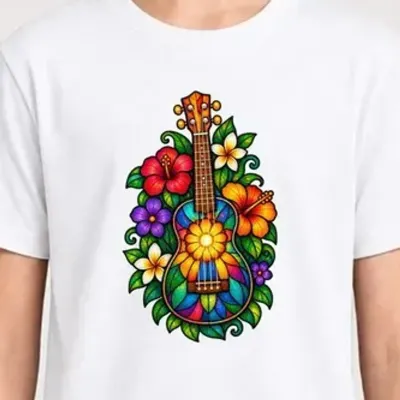 Koszulka z kolorowym ukulele dla dziewczynki biała witrażowe kolory