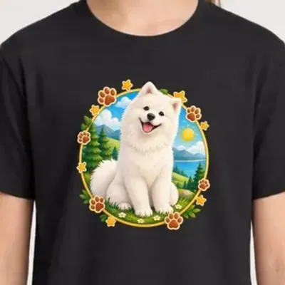 Koszulka z samoyedem dla dziewczynki czarna okrągła odznaka