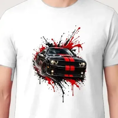 Koszulka męska biała z muscle car dla kierowcy motoryzacyjna prezent