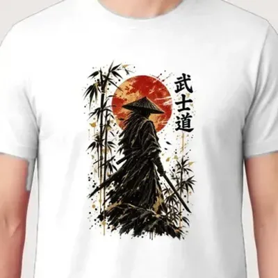 Koszulka męska biała z samurajem katana bushido Japonia prezent