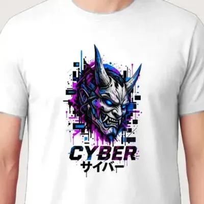 Koszulka męska biała z maską demona hannya cyberpunk anime japonia