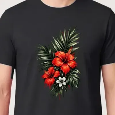 Koszulka męska czarna z hibiskusem kwiaty tropikalne liście prezent