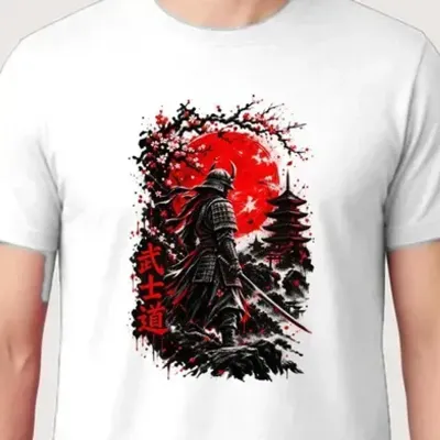 Koszulka męska biała z samurajem bushido katana Japonia prezent