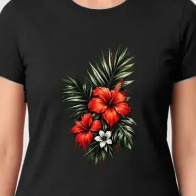 Koszulka damska czarna z hibiskusem kwiaty tropikalne dla niej prezent