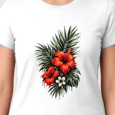 Koszulka damska biała z hibiskusem kwiaty tropikalne dla niej prezent