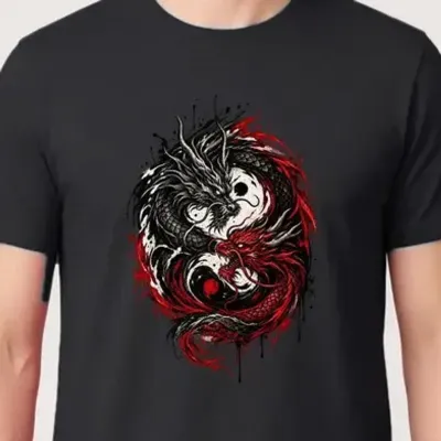 Koszulka męska czarna ze smokami yin yang mroczna mitologia prezent