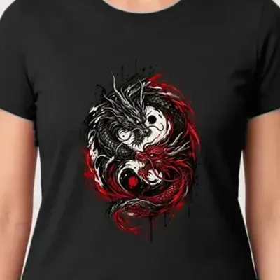 Koszulka damska czarna ze smokami yin yang mroczna mitologia prezent