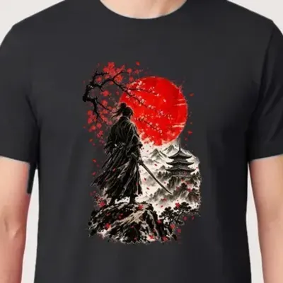 Koszulka męska czarna z samurajem na klifie japonia prezent