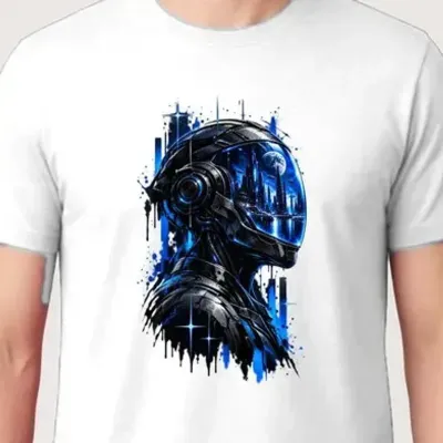 Koszulka męska biała z cyborgiem robotem sci fi miasto nocne prezent