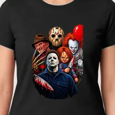 Koszulka damska czarna ikony horroru Freddy Chucky Myers prezent
