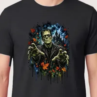Koszulka męska czarna z Frankensteinem na Halloween straszna prezent