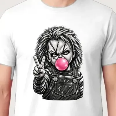 Koszulka męska biała Chucky lalka z gumą balonową Halloween prezent