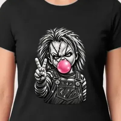 Koszulka damska czarna Chucky lalka z gumą balonową Halloween