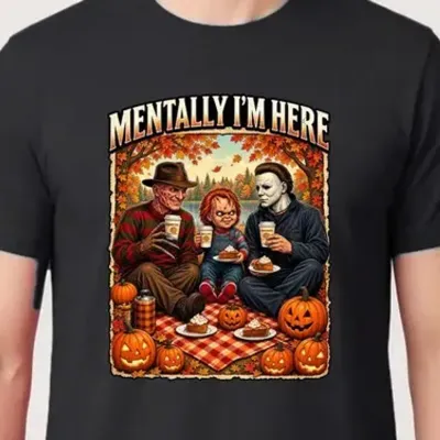 Koszulka męska czarna z horrorem na pikniku halloween śmieszna prezent