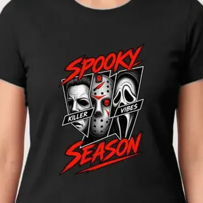 Koszulka damska czarna z maskami horroru na halloween straszna prezent