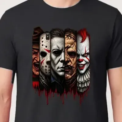 Koszulka męska czarna Halloween ikony horroru kolaż twarzy prezent
