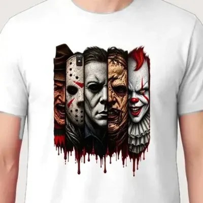 Koszulka męska biała Halloween ikony horroru kolaż twarzy prezent