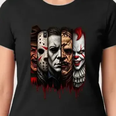 Koszulka damska czarna Halloween ikony horroru kolaż twarzy prezent