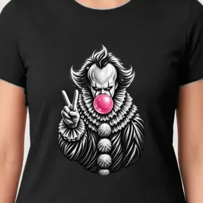 Koszulka damska czarna Halloween Pennywise z gumą balonową prezent