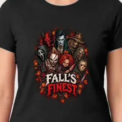 Koszulka damska czarna ikony horroru Pennywise Chucky Jason Halloween