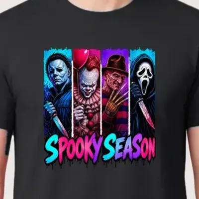 Koszulka męska czarna z ikonami horroru Spooky Season prezent