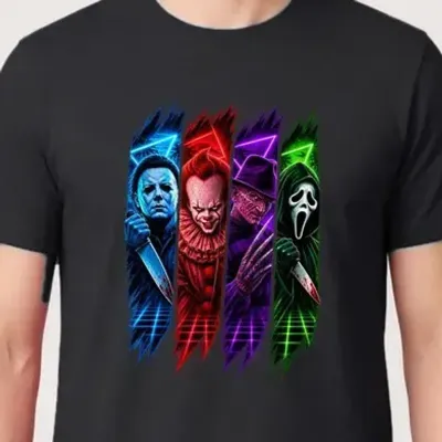 Koszulka męska czarna Halloween ikony horroru neonowe retro prezent