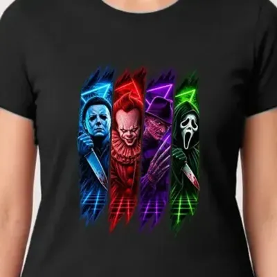 Koszulka damska czarna Halloween ikony horroru neonowe retro prezent