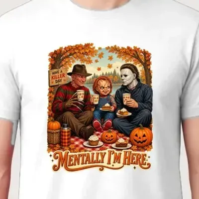 Koszulka męska biała Halloween na piknik mordercy horror prezent