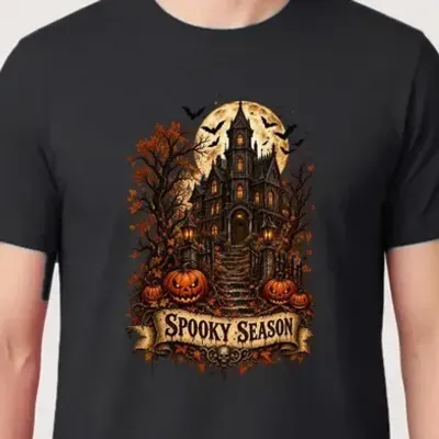 Koszulka męska czarna nawiedzony dom dynie Halloween prezent
